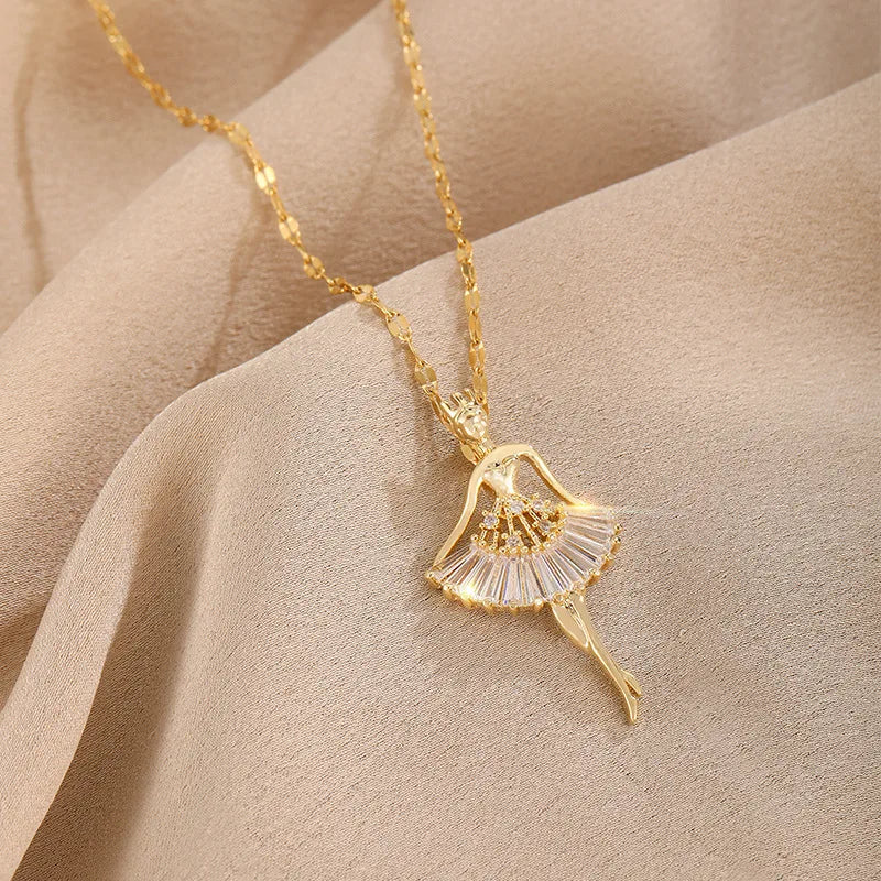 Collares con colgante de circonita de cristal para mujer, bailarina elegante y dulce, moda coreana, regalo de joyería Sexy de acero inoxidable
