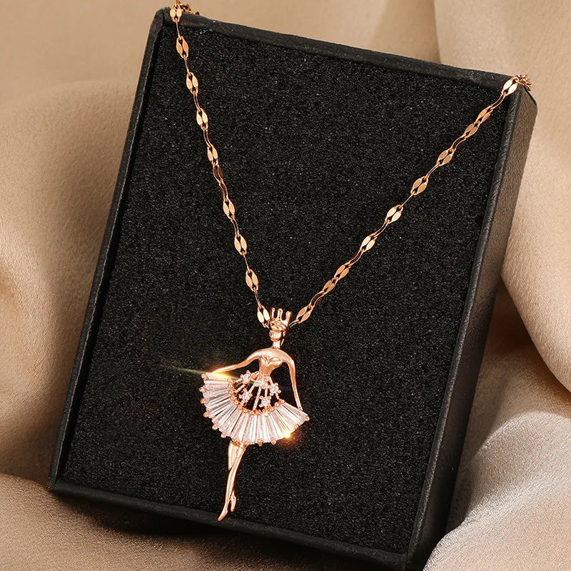 Collares con colgante de circonita de cristal para mujer, bailarina elegante y dulce, moda coreana, regalo de joyería Sexy de acero inoxidable
