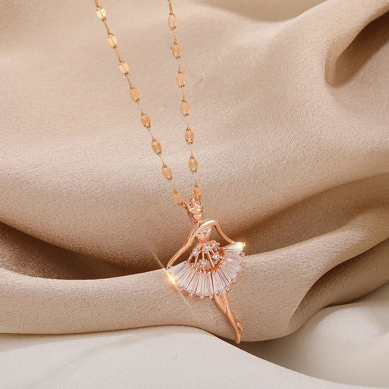 Collares con colgante de circonita de cristal para mujer, bailarina elegante y dulce, moda coreana, regalo de joyería Sexy de acero inoxidable