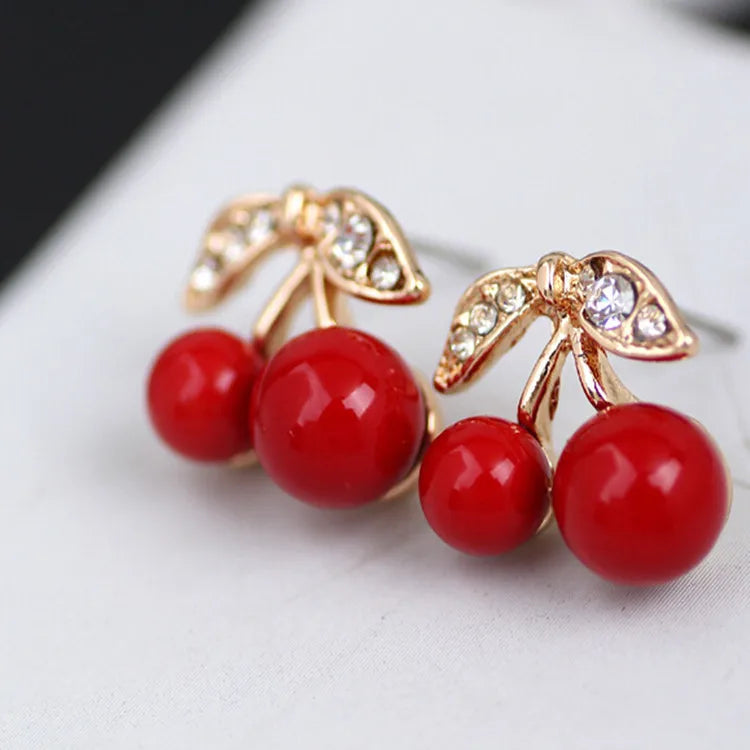 Pendientes de tuerca de oreja con cuentas de hoja de cereza roja para mujer, Joyería de diamantes de imitación, regalo barato, moda, nuevo