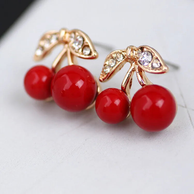 Pendientes de tuerca de oreja con cuentas de hoja de cereza roja para mujer, Joyería de diamantes de imitación, regalo barato, moda, nuevo