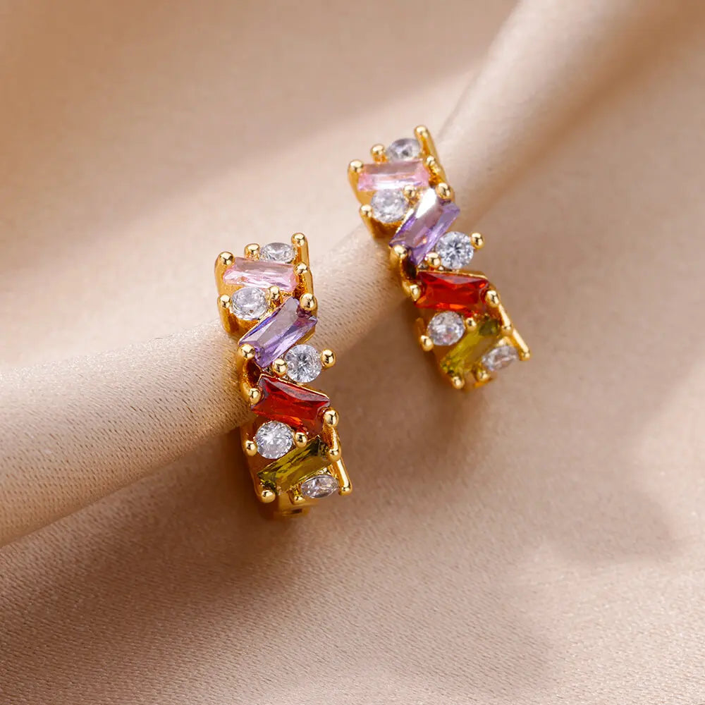 Pendientes de aro de circonia cúbica de arcoíris para mujer, aretes redondos de acero inoxidable chapados en oro, regalos de joyería de lujo 2023