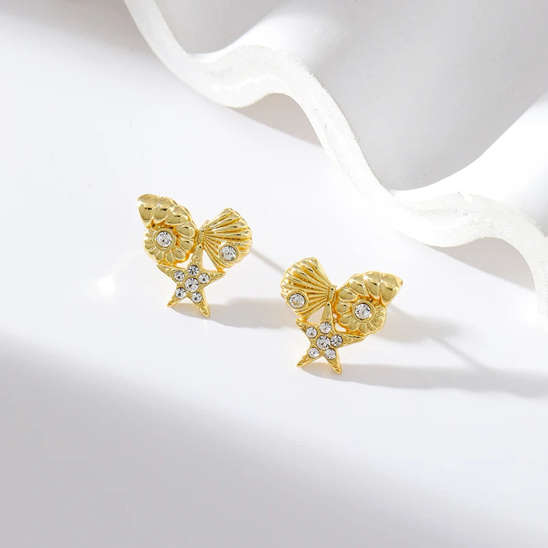 EILIECK 316L Acero inoxidable estrella de mar Shell pendientes de circón para mujer moda impermeable oreja joyería niñas regalo Bijoux