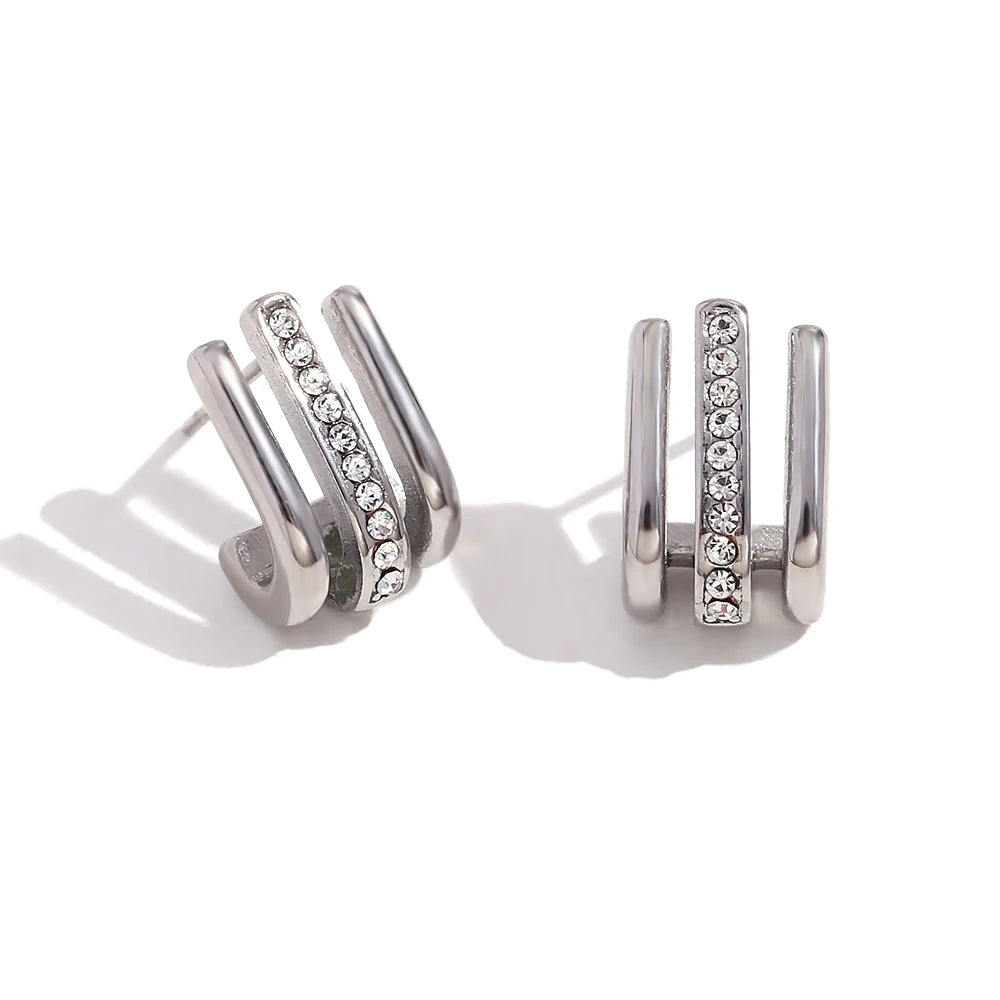 E.B.belle-pendientes de gancho curvo en forma de J de tres capas con diamantes de imitación, joyería de acero inoxidable 316L chapada en oro de 18 quilates para mujer