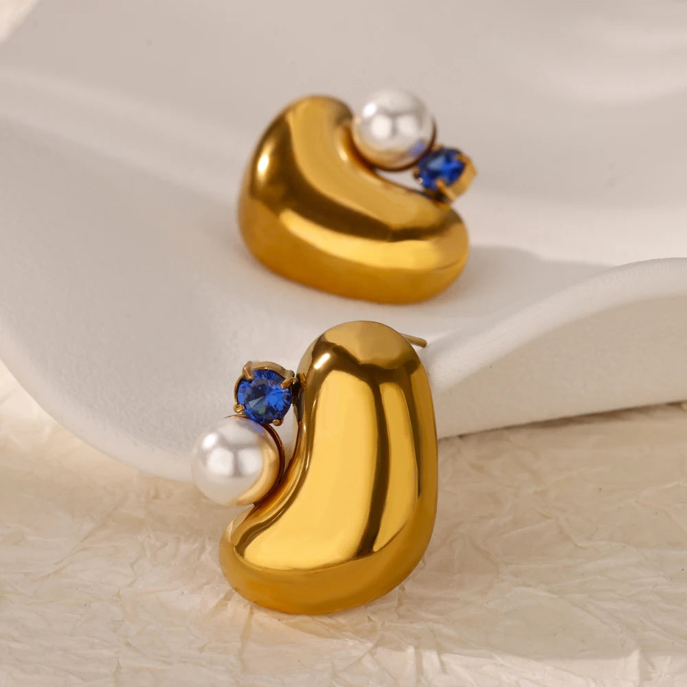 Pendientes gruesos de perlas de imitación de circón para mujer, aretes geométricos de acero inoxidable, regalo de joyería de Navidad y boda resistente al agua