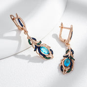 Pendientes largos Kinel de gota de flor de circón Natural azul intenso para mujer 585 chapado en oro rosa y negro joyería diaria de fiesta Vintage