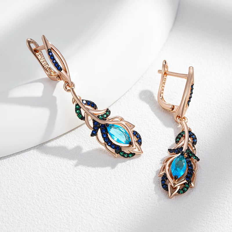Pendientes largos Kinel de gota de flor de circón Natural azul intenso para mujer 585 chapado en oro rosa y negro joyería diaria de fiesta Vintage