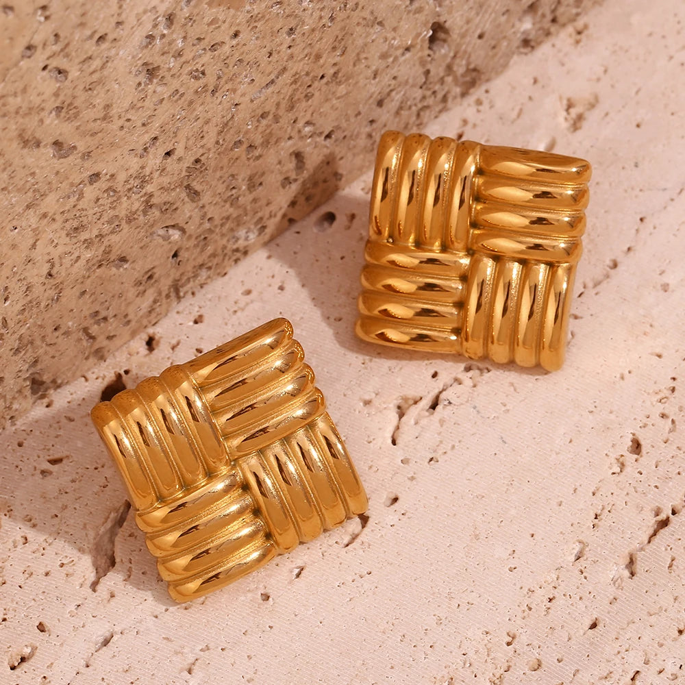 Pendientes cuadrados con rayas horizontales y verticales en un patrón de rejilla aretes Pendientes de mujer Regalo de acero inoxidable сubьги