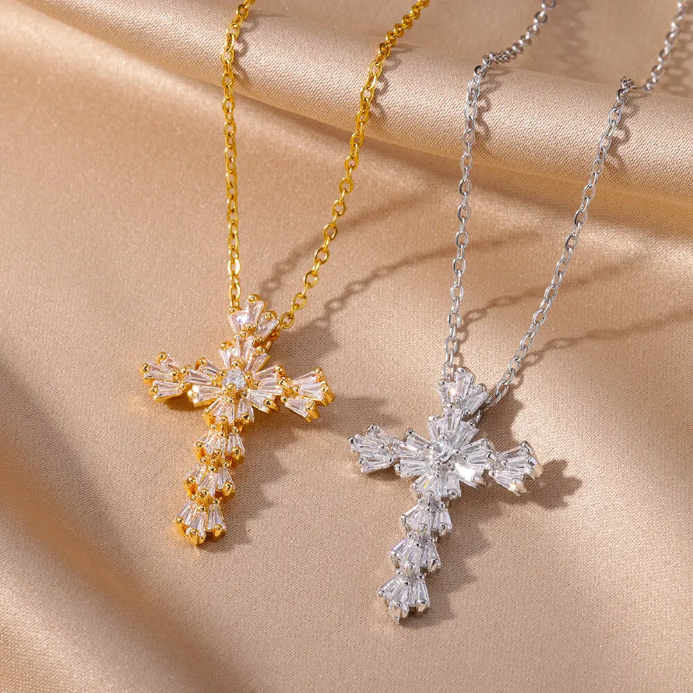 Collar con colgante de cruz de circonia de lujo para mujer, cadena de acero inoxidable de cristal de circón, joyería estética de nueva tendencia