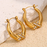 E.B.belle, nuevo diseño, pendientes de aro de lujo Crossing X con diamantes de imitación, chapado en oro de 18 quilates, joyería de moda para fiesta de acero inoxidable para mujer