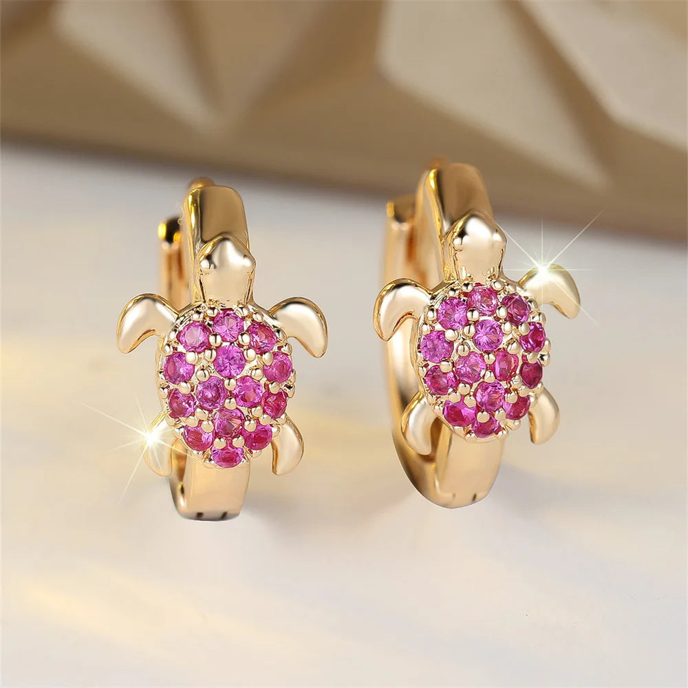 Pendientes de aro con forma de tortuga marina para mujer, piedra de circón verde, Color dorado Vintage, hebilla pequeña para oreja, joyería de boda, regalo para el día de la madre