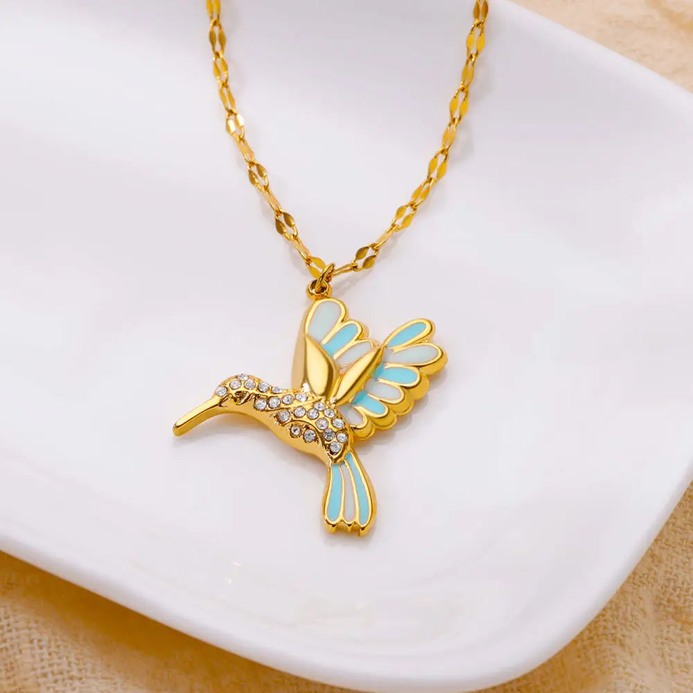 Collares bonitos y coloridos de pájaros para mujer, cadena de acero inoxidable de Color dorado, collar con colgante de hierba y corazón, joyería de boda, regalo nuevo