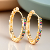 Pendientes redondos de aro de piedra Multicolor con circonita de arcoíris para mujer, hebilla de oreja de Color dorado, joyería para fiesta y boda diaria, regalo del Día de la madre