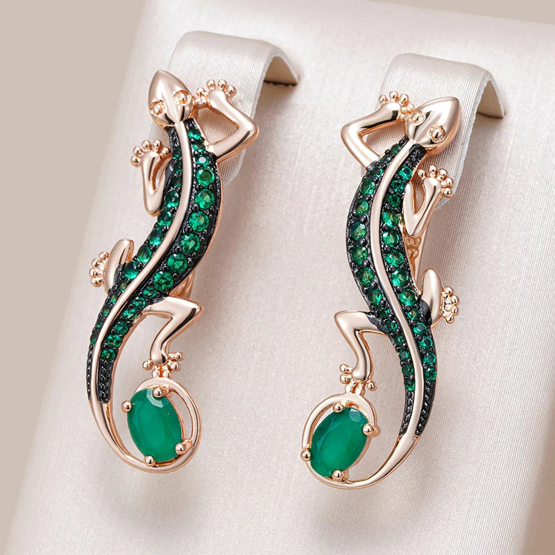 Pendientes Kinel de gota de lagarto de circón Natural verde intenso para mujer 585 chapado en oro rosa y negro joyería Punk diaria de animales Vintage
