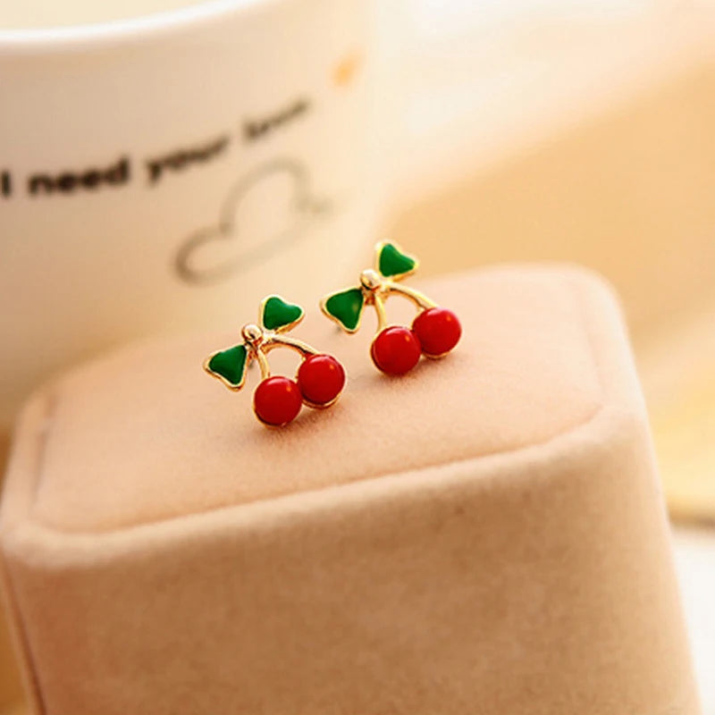 Pendientes de tuerca de cereza con diamantes de imitación de cristal para mujer, pendientes de lazo de cereza de aceite de goteo dulce, regalo de joyería de moda para niñas