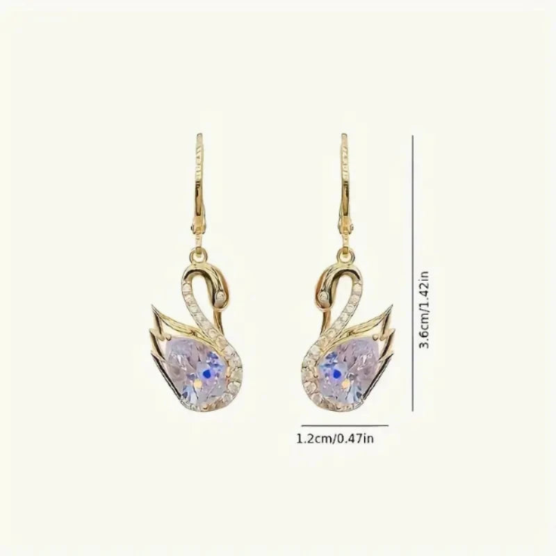 1 par de lujosos y elegantes pendientes Golden Swan, deslumbrantes, de cristal sintético, aptos para uso diario, fiestas y regalos.