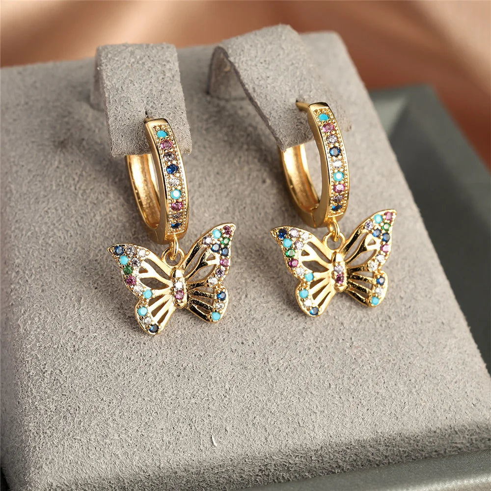 Pendientes de aro de piedra de circón redondos de mariposa colorida para mujer, Color dorado, regalos únicos para novia, joyería de boda para mujer