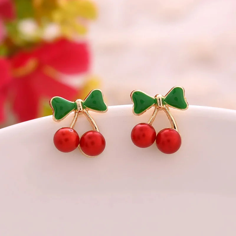 Pendientes de tuerca de cereza con diamantes de imitación de cristal para mujer, pendientes de lazo de cereza de aceite de goteo dulce, regalo de joyería de moda para niñas