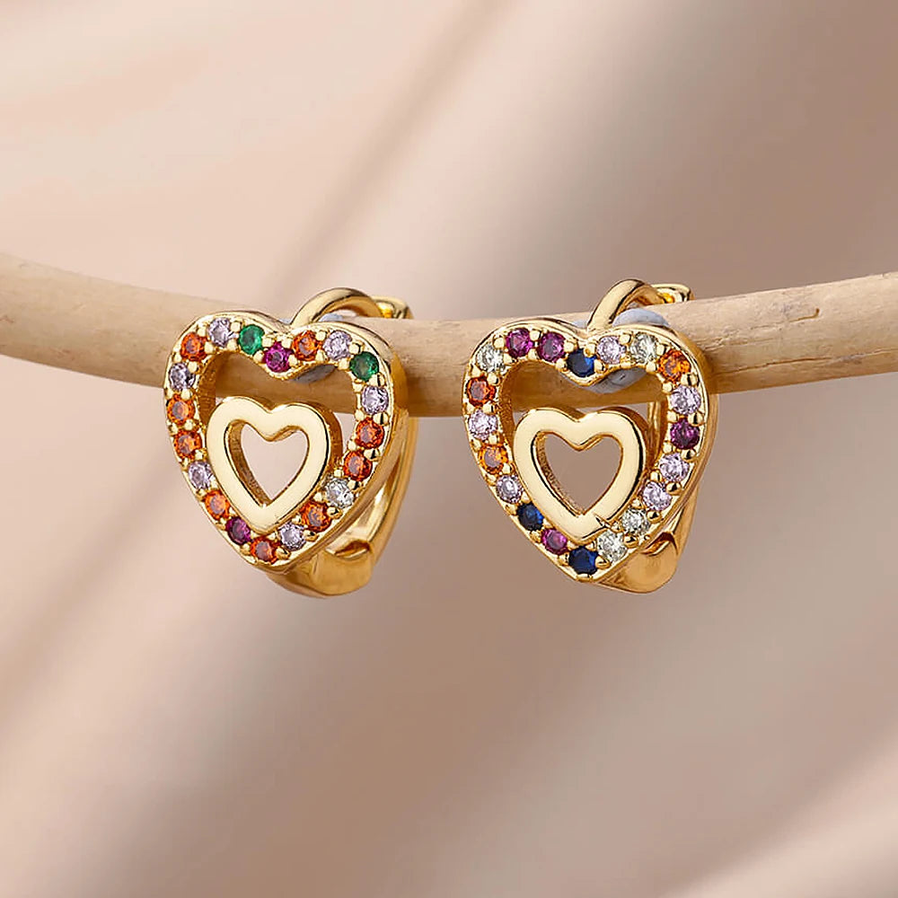 Pendientes de circón de colores en forma de corazón para mujer, aretes de aro de acero inoxidable de lujo, joyería estética romántica de tendencia 2023