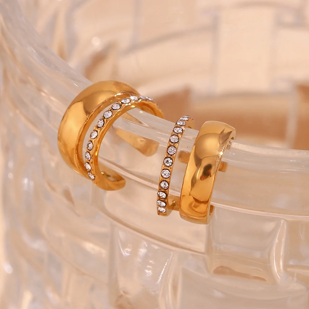 E.B.belle-pendientes de doble capa con diamantes de imitación en forma de C para mujer, aretes de acero inoxidable 316L, puños de oreja chapados en oro de 18K