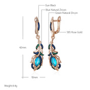 Pendientes largos Kinel de gota de flor de circón Natural azul intenso para mujer 585 chapado en oro rosa y negro joyería diaria de fiesta Vintage