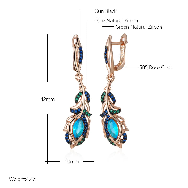 Pendientes largos Kinel de gota de flor de circón Natural azul intenso para mujer 585 chapado en oro rosa y negro joyería diaria de fiesta Vintage