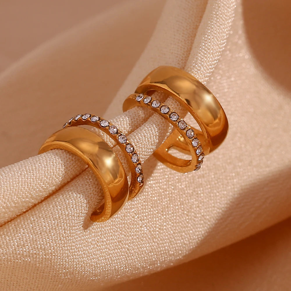 E.B.belle-pendientes de doble capa con diamantes de imitación en forma de C para mujer, aretes de acero inoxidable 316L, puños de oreja chapados en oro de 18K