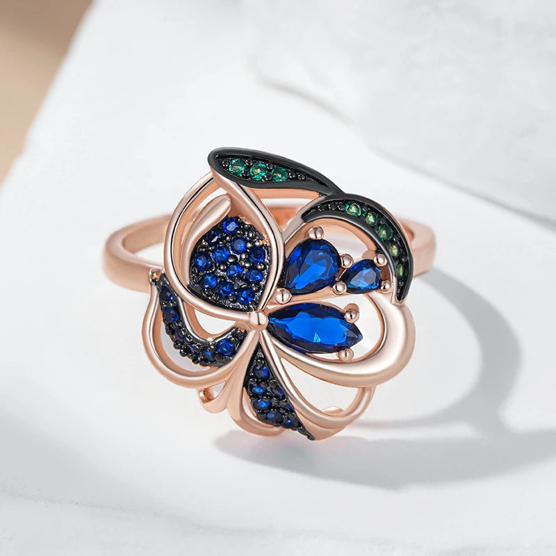 Kinel Hot Shiny Blue Natural Zircon Flowers Rings For Women Fashion 585 Rose Gold and Black Plating Vintage Daily Fine Jewelry