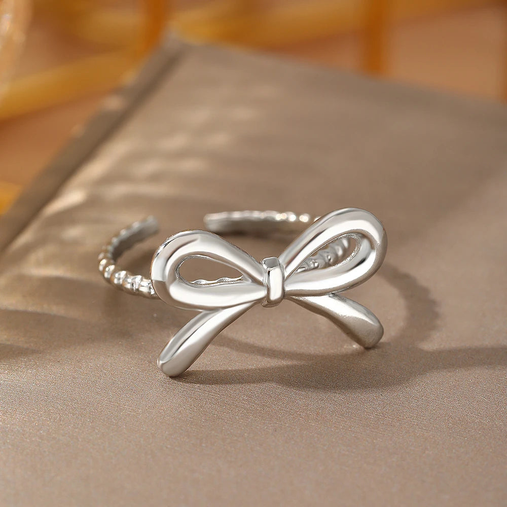 Anillos de acero inoxidable para mujer, pajarita romántica, anillo con apertura ajustable, joyería, regalo de banquete, no se decolora, Popular de alta calidad