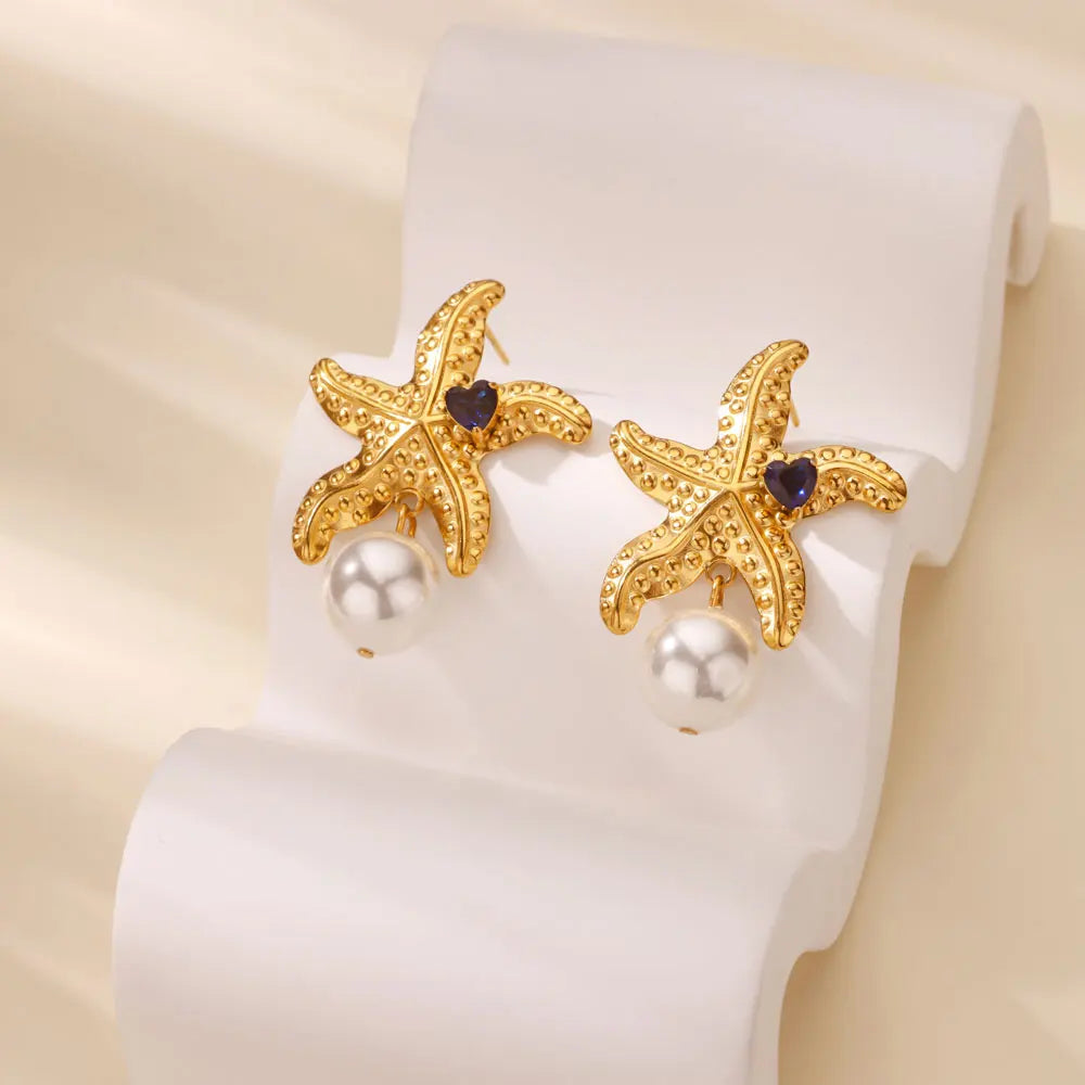 Pendientes de perlas de imitación de estrella de mar para mujeres y niñas, pendientes de acero inoxidable de Color dorado, joyería para las orejas de tendencia 2025, envío gratuito
