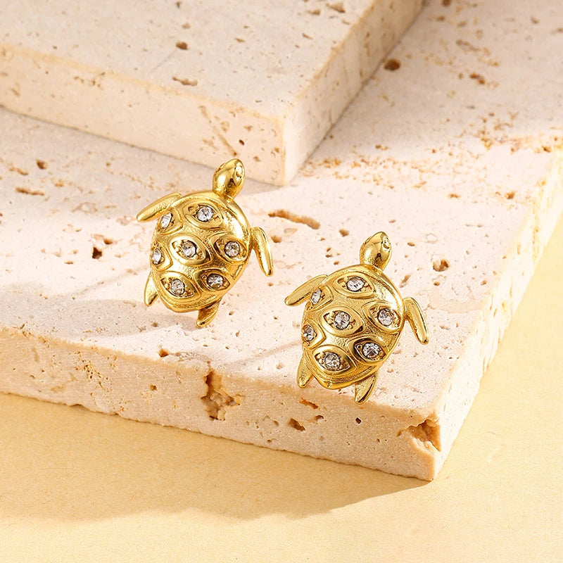 EILIECK 316L pendientes de tuerca de circonita de tortuga de Color dorado de acero inoxidable para mujer joyería de oreja impermeable de moda bisutería de regalo para niñas