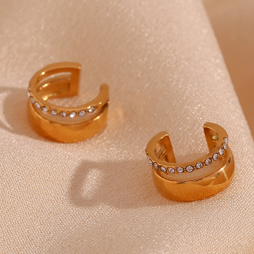 E.B.belle-pendientes de doble capa con diamantes de imitación en forma de C para mujer, aretes de acero inoxidable 316L, puños de oreja chapados en oro de 18K