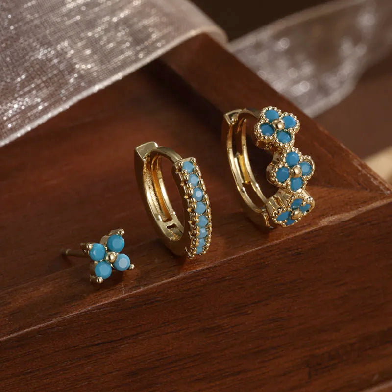 Uilz, 3 pares, pendientes creativos de circonia cúbica de colores, pendientes de aro con diseño de flor turquesa para mujer, regalo de joyas de fiesta