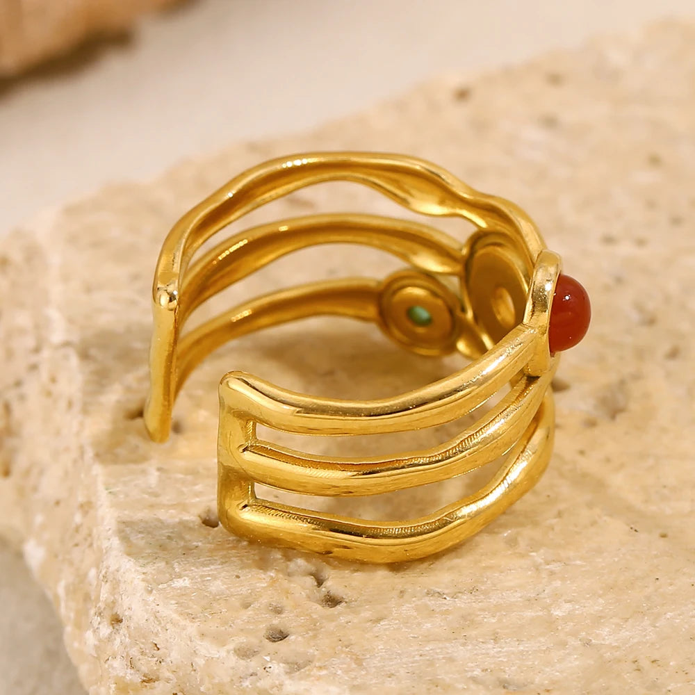 E.B.belle Mlutilayers Anillo con apertura de piedras preciosas coloridas Acero inoxidable de alta calidad chapado en oro de 18 quilates Joyería de moda para mujer