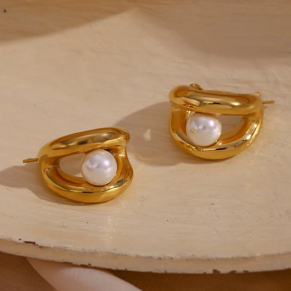 E.B.belle-pendientes de aro de perlas sintéticas redondas para mujer, aros de doble capa con forma de U, joyería de acero inoxidable chapada en oro