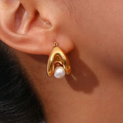 E.B.belle-pendientes de aro de perlas sintéticas redondas para mujer, aros de doble capa con forma de U, joyería de acero inoxidable chapada en oro