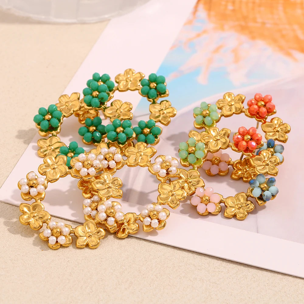 E.B.belle-pendientes con pasador de flores y guirnalda Multicolor para mujer y niña, joyería resistente al agua chapada en oro de 18 quilates de acero inoxidable para uso diario