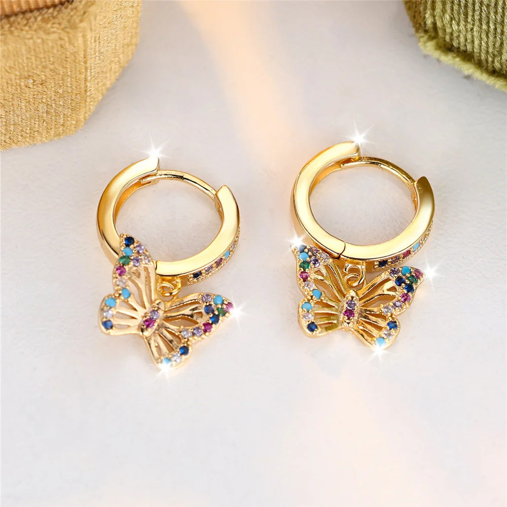 Pendientes de aro de piedra de circón redondos de mariposa colorida para mujer, Color dorado, regalos únicos para novia, joyería de boda para mujer
