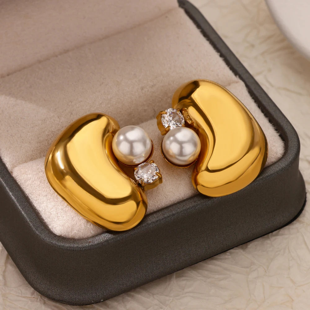 Pendientes gruesos de perlas de imitación de circón para mujer, aretes geométricos de acero inoxidable, regalo de joyería de Navidad y boda resistente al agua