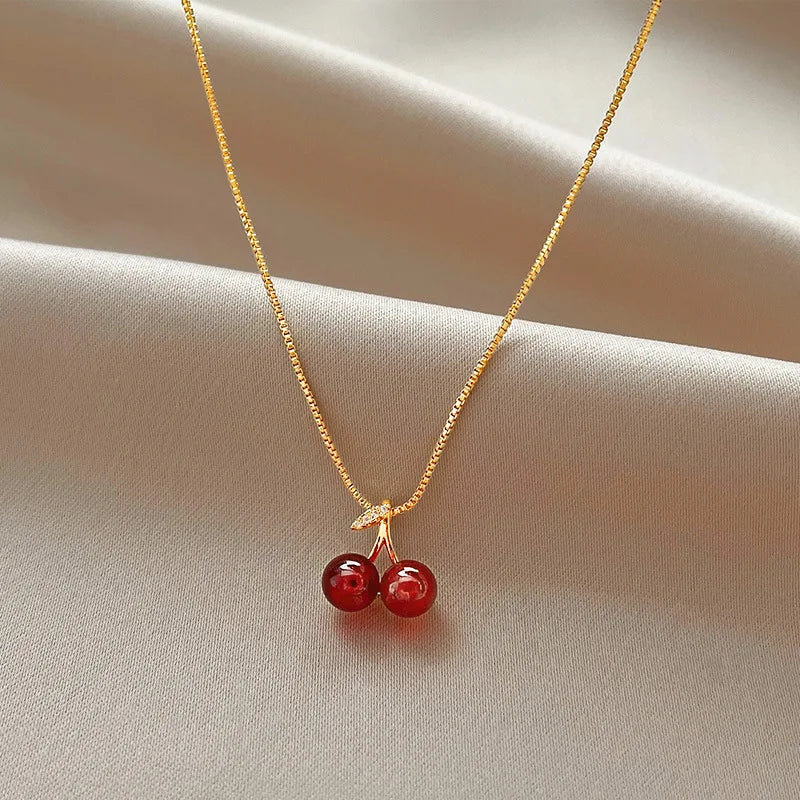 Collar con colgante de Color dorado y cereza roja vino de acero inoxidable para mujer, collar de moda con personalidad, joyería de boda, regalo de cumpleaños