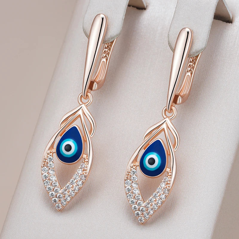 Kinel moda novedosa 585 pendientes de gota de esmalte azul de Color oro rosa para mujer chica boda fiesta joyería de gota de circón Natural