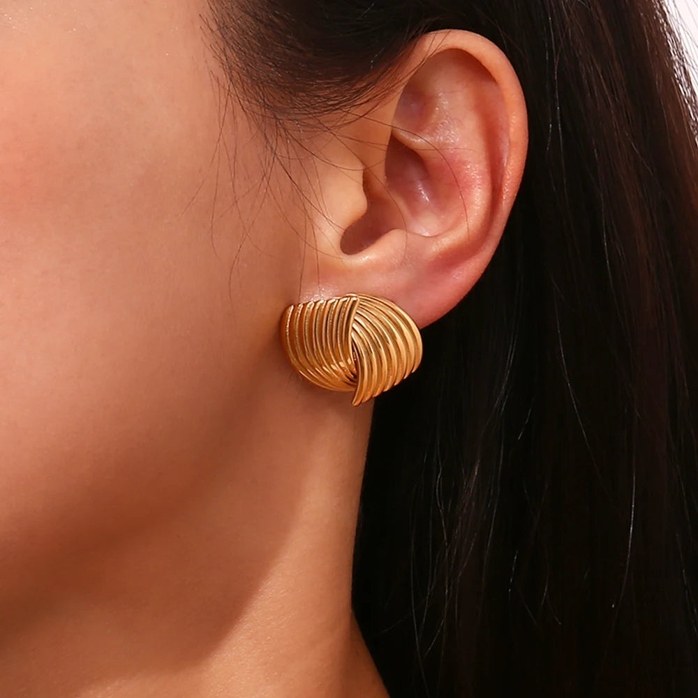 Pendientes de tuerca de Cruz a rayas en forma de abanico geométricos, sin deslustre, chapado en oro de 18 quilates, pendientes de mujer, regalo de acero inoxidable 316L