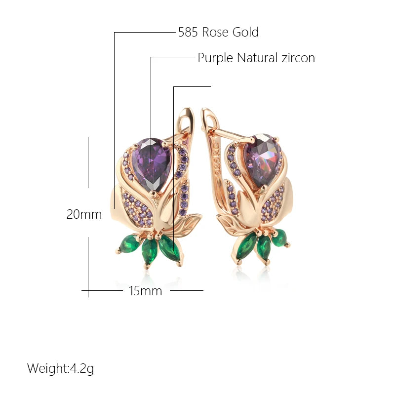 Kienl-pendientes de gota de flor de circón Natural púrpura Vintage para mujer, joyería fina de alta calidad para uso diario, pendiente grande de Color oro rosa 585