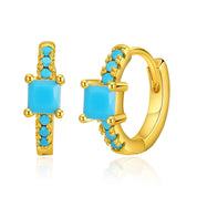 Pendientes de aro de turquesa con incrustaciones de círculo pequeño chapado en oro de 18 quilates para mujer, abalorio impermeable, regalo de fiesta, joyería de tendencia diaria