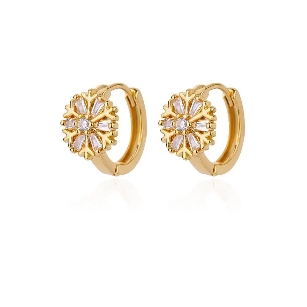 Pendientes de copo de nieve de circón para mujer, aretes de aro de cristal de acero inoxidable de Color dorado, joyería de boda de lujo, regalo de Navidad