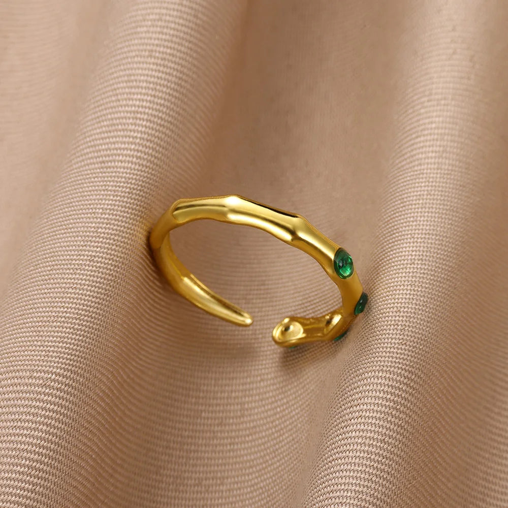 Anillos abiertos de circón verde para mujer y niña, sortija ajustable de bambú redondo de acero inoxidable, Color dorado, regalo de joyería femenina