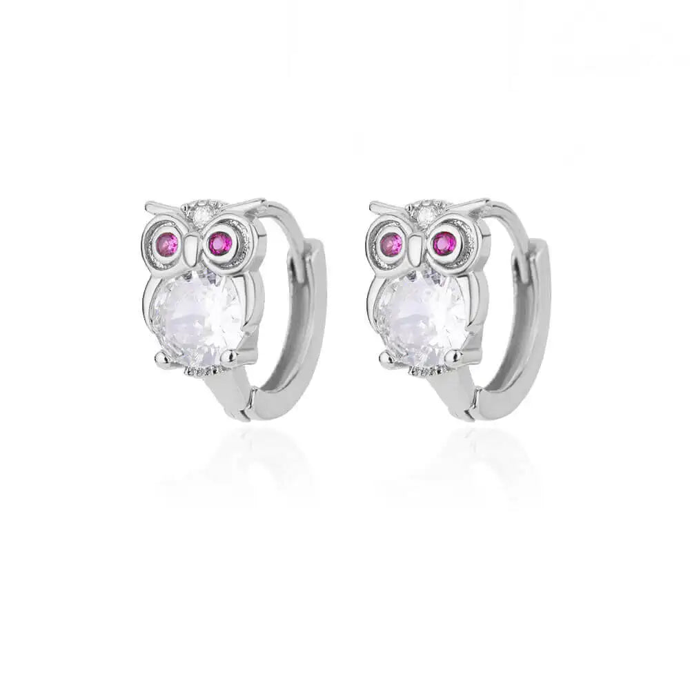 Pendientes de aro de búho de cristal para mujer, aretes de acero satinado con circonita de Animal, conejo, leopardo, elefante, oso, joyería bonita, regalo para niñas