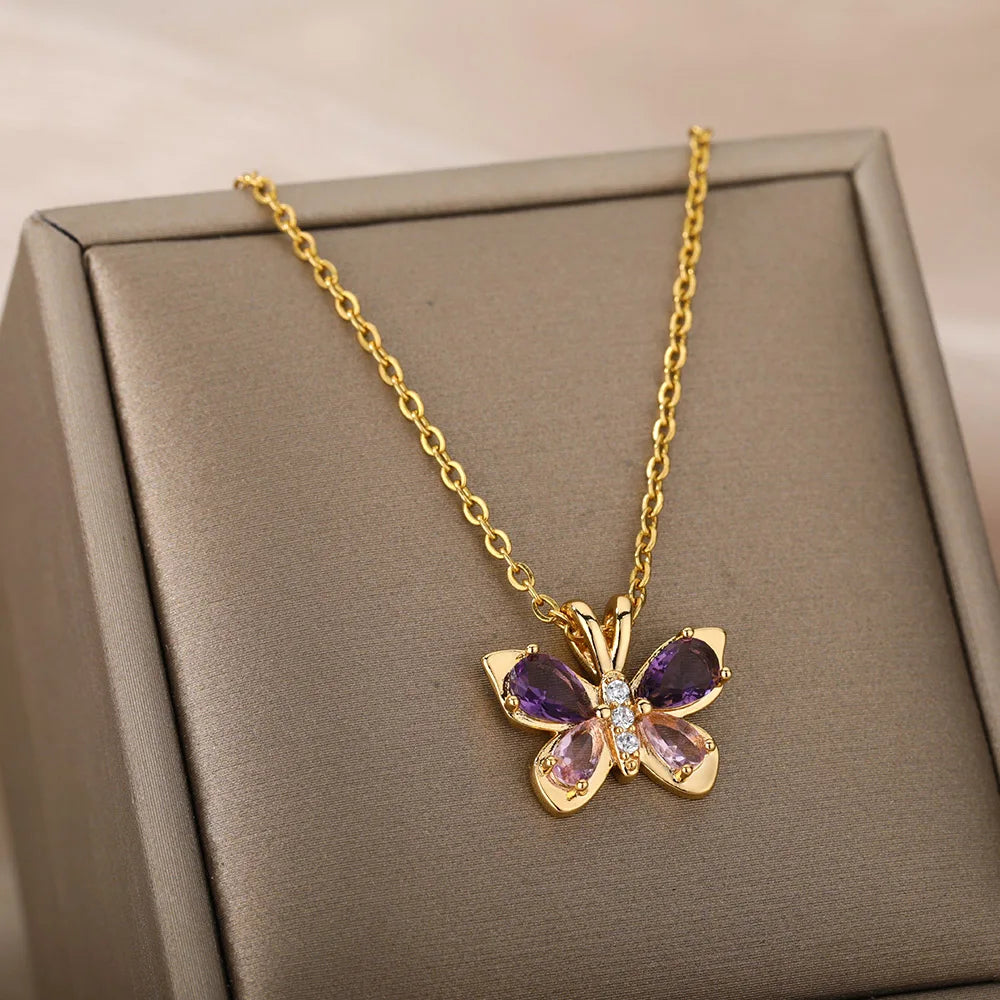 Bonito Collar de mariposa para mujer, collares estéticos de circonita púrpura de cristal de acero inoxidable, Gargantilla con dijes, joyería de fiesta