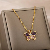Bonito Collar de mariposa para mujer, collares estéticos de circonita púrpura de cristal de acero inoxidable, Gargantilla con dijes, joyería de fiesta