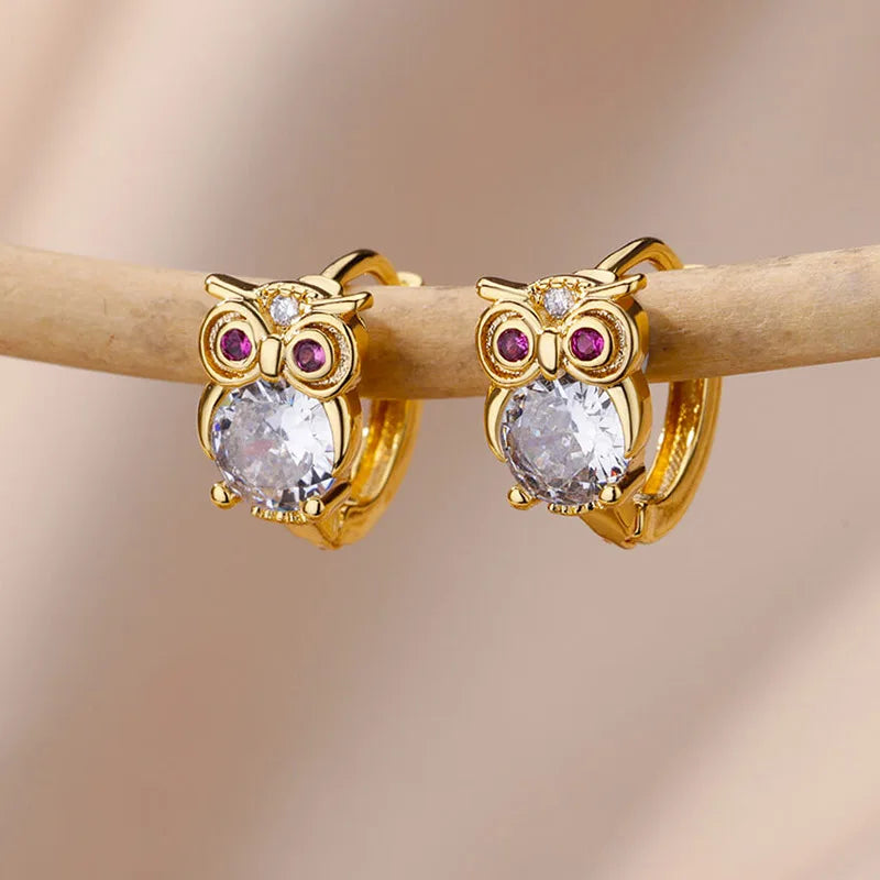 Pendientes de aro de búho de cristal para mujer, aretes de acero satinado con circonita de Animal, conejo, leopardo, elefante, oso, joyería bonita, regalo para niñas